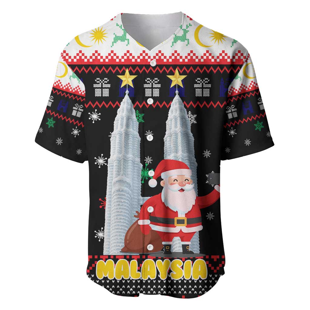 Malaysia Christmas Baseball Jersey with Santa Claus Petronas Towers Snowflakes and Festive Icons - Wonder Print Shop