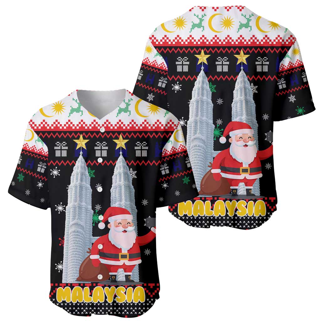 Malaysia Christmas Baseball Jersey with Santa Claus Petronas Towers Snowflakes and Festive Icons - Wonder Print Shop