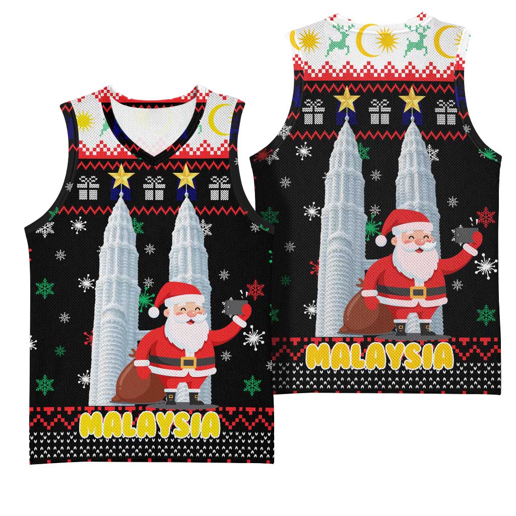 Malaysia Christmas Basketball Jersey with Santa Claus Petronas Towers Snowflakes and Festive Icons - Wonder Print Shop