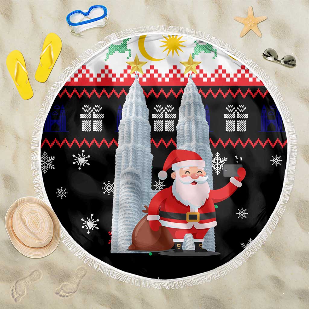 Malaysia Christmas Beach Blanket with Santa Claus Petronas Towers Snowflakes and Festive Icons - Wonder Print Shop