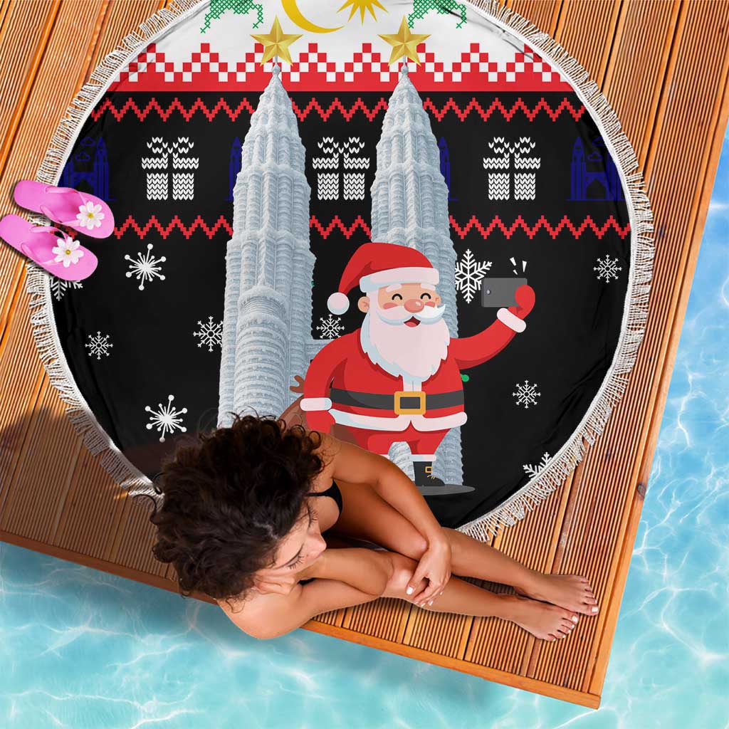 Malaysia Christmas Beach Blanket with Santa Claus Petronas Towers Snowflakes and Festive Icons - Wonder Print Shop