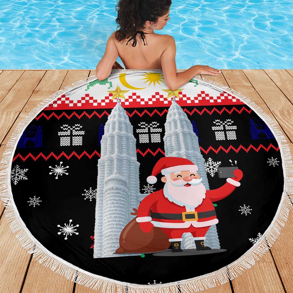 Malaysia Christmas Beach Blanket with Santa Claus Petronas Towers Snowflakes and Festive Icons - Wonder Print Shop