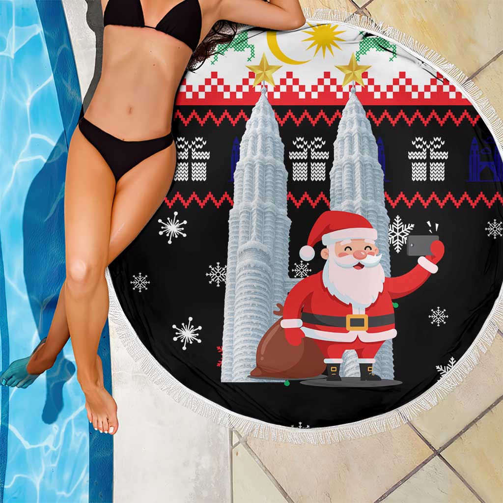 Malaysia Christmas Beach Blanket with Santa Claus Petronas Towers Snowflakes and Festive Icons - Wonder Print Shop
