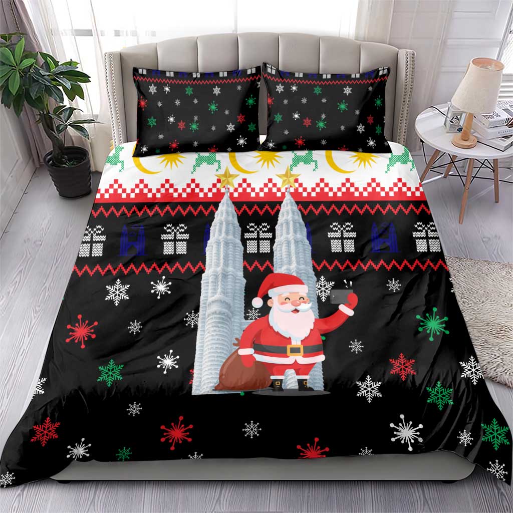 Malaysia Christmas Bedding Set with Santa Claus Petronas Towers Snowflakes and Festive Icons - Wonder Print Shop
