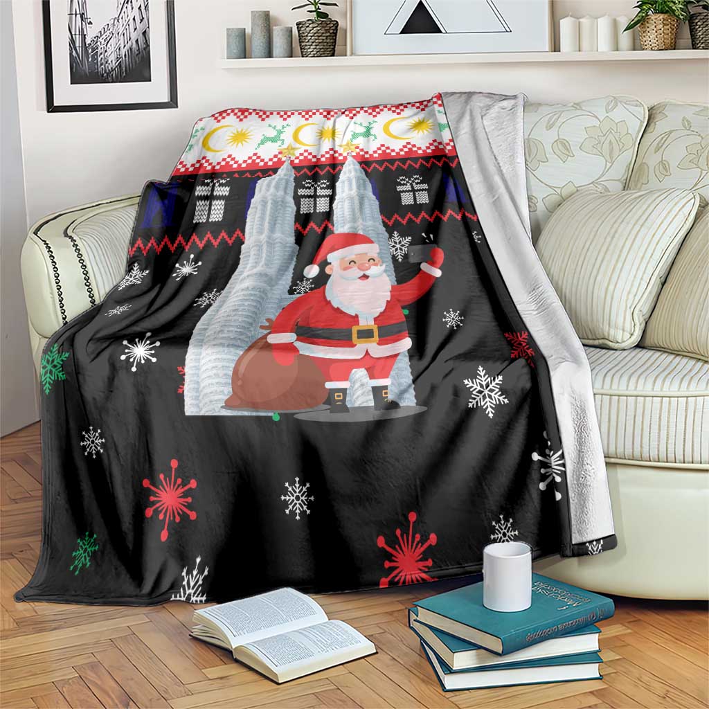 Malaysia Christmas Blanket with Santa Claus Petronas Towers Snowflakes and Festive Icons - Wonder Print Shop