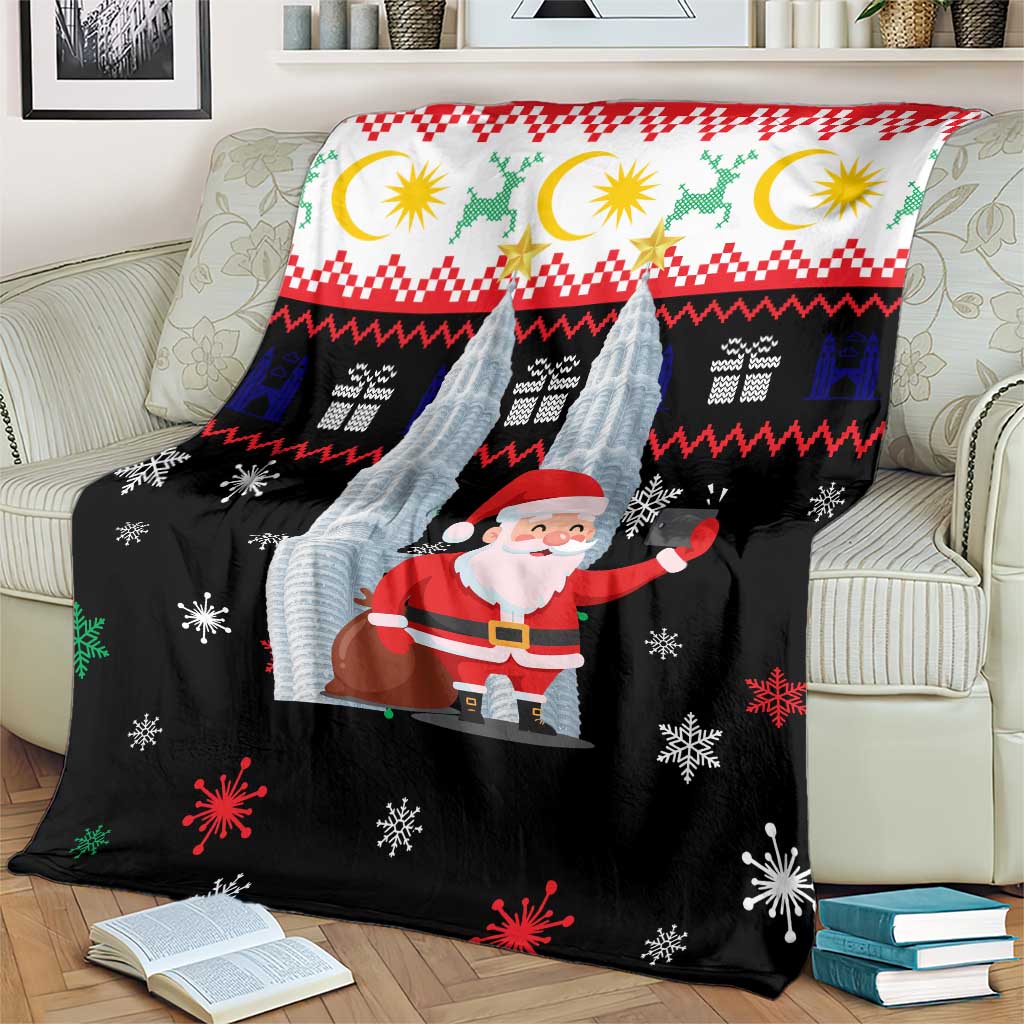Malaysia Christmas Blanket with Santa Claus Petronas Towers Snowflakes and Festive Icons - Wonder Print Shop