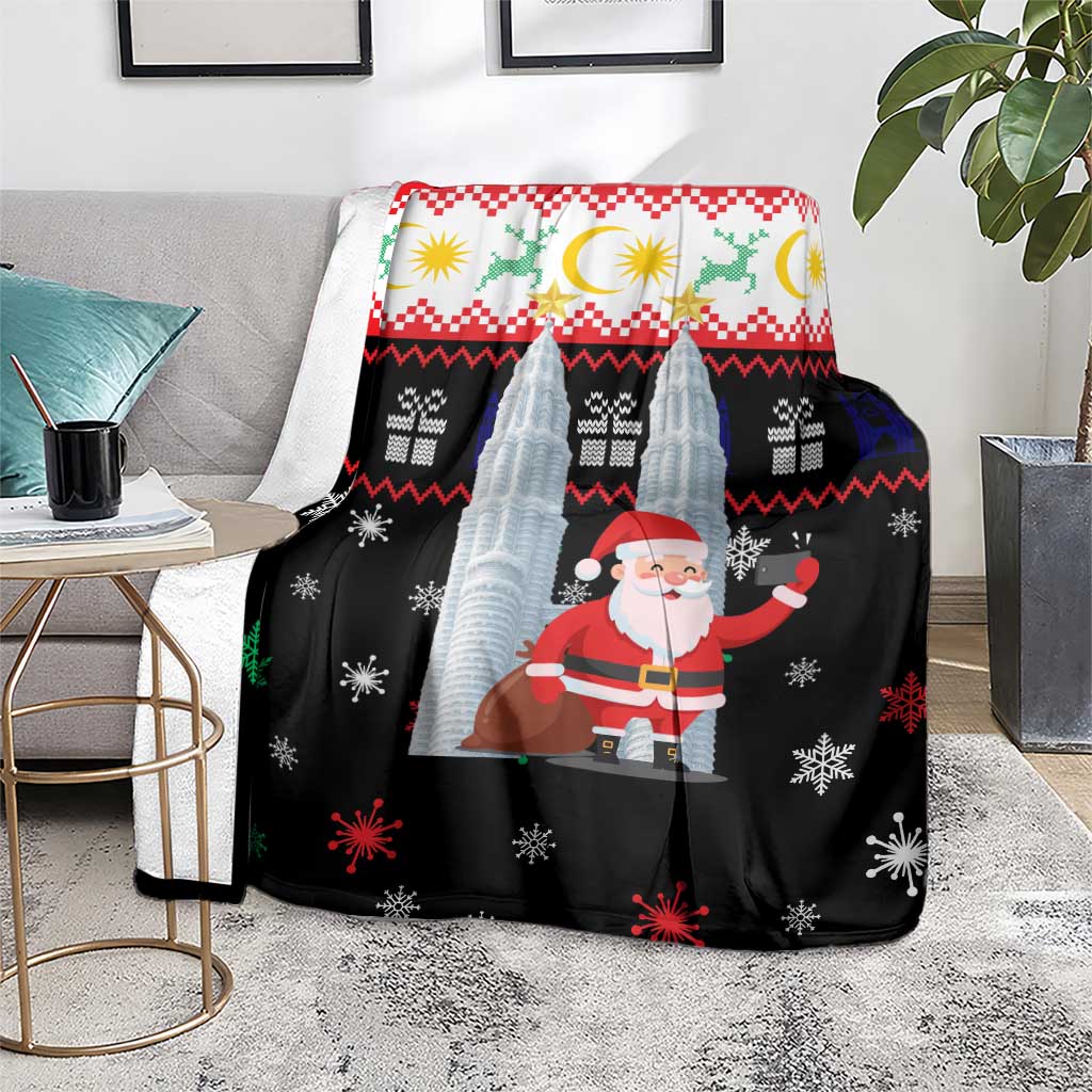 Malaysia Christmas Blanket with Santa Claus Petronas Towers Snowflakes and Festive Icons - Wonder Print Shop