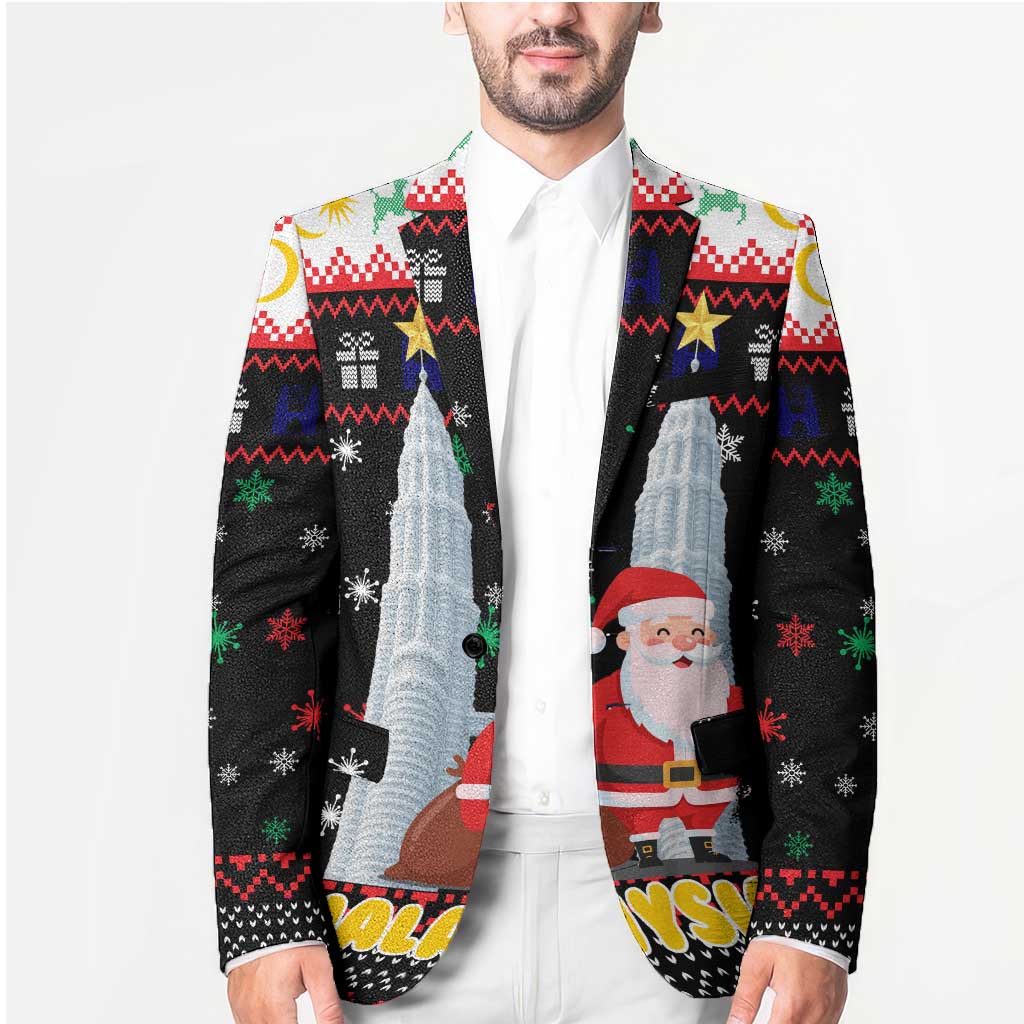 Malaysia Christmas Blazer with Santa Claus Petronas Towers Snowflakes and Festive Icons - Wonder Print Shop