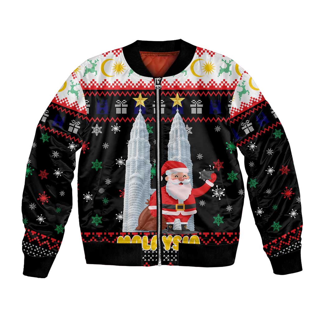 Malaysia Christmas Bomber Jacket with Santa Claus Petronas Towers Snowflakes and Festive Icons - Wonder Print Shop