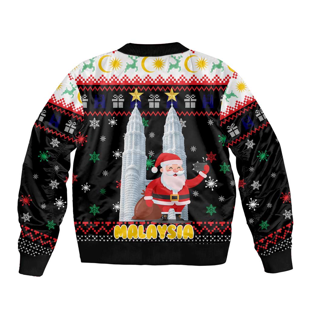 Malaysia Christmas Bomber Jacket with Santa Claus Petronas Towers Snowflakes and Festive Icons - Wonder Print Shop
