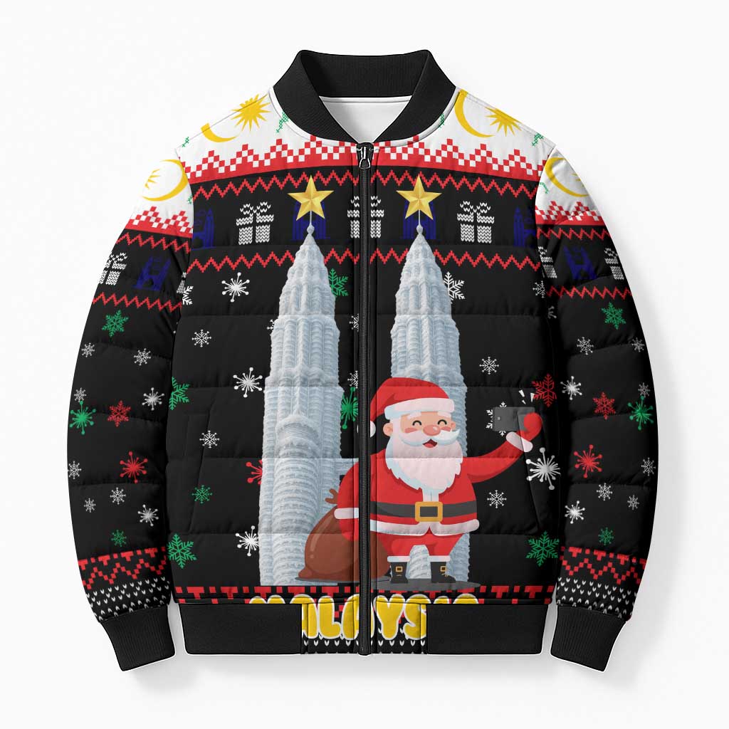 Malaysia Christmas Bomber Puffer Jacket with Santa Claus Petronas Towers Snowflakes and Festive Icons - Wonder Print Shop