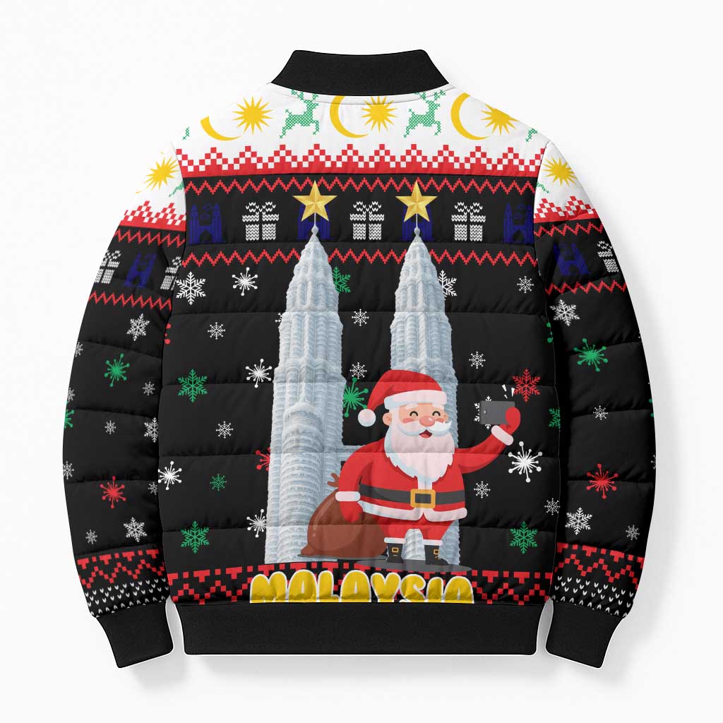 Malaysia Christmas Bomber Puffer Jacket with Santa Claus Petronas Towers Snowflakes and Festive Icons - Wonder Print Shop
