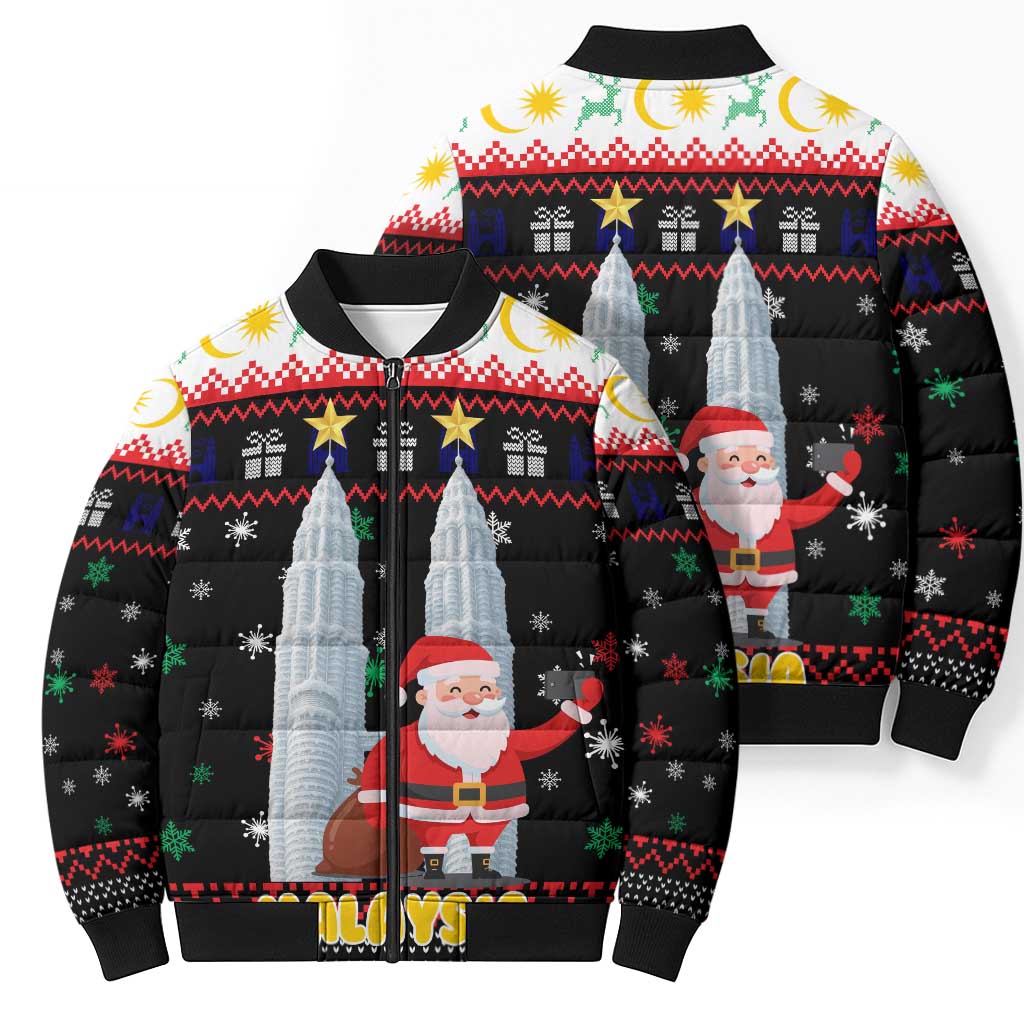 Malaysia Christmas Bomber Puffer Jacket with Santa Claus Petronas Towers Snowflakes and Festive Icons - Wonder Print Shop