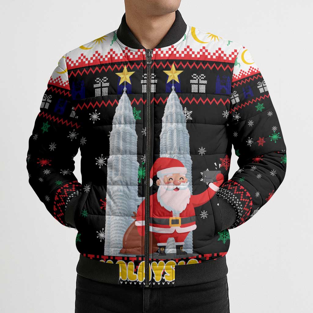 Malaysia Christmas Bomber Puffer Jacket with Santa Claus Petronas Towers Snowflakes and Festive Icons - Wonder Print Shop