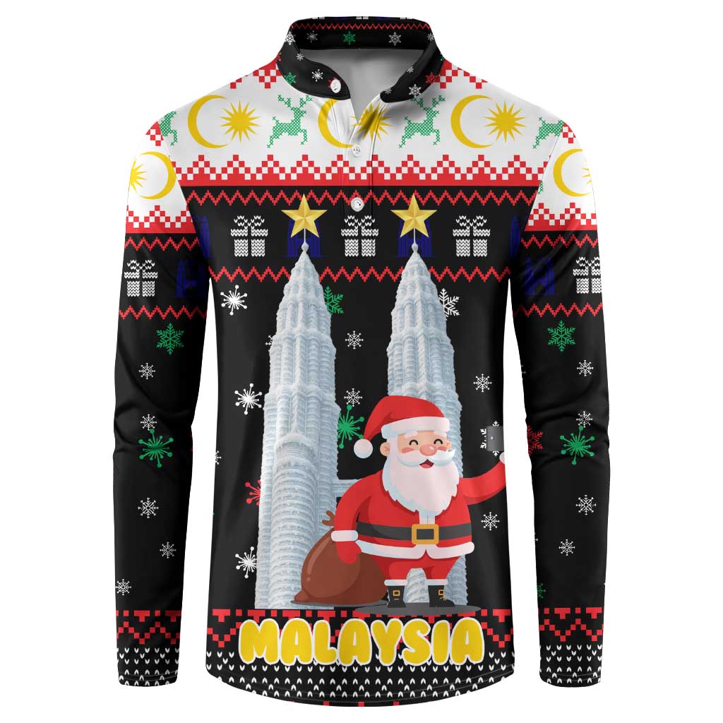 Malaysia Christmas Button Sweatshirt with Santa Claus Petronas Towers Snowflakes and Festive Icons - Wonder Print Shop