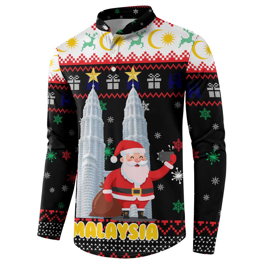 Malaysia Christmas Button Sweatshirt with Santa Claus Petronas Towers Snowflakes and Festive Icons - Wonder Print Shop