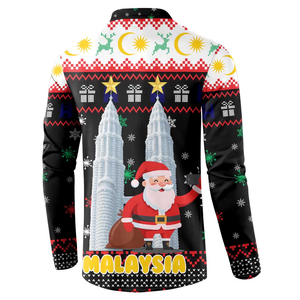Malaysia Christmas Button Sweatshirt with Santa Claus Petronas Towers Snowflakes and Festive Icons - Wonder Print Shop