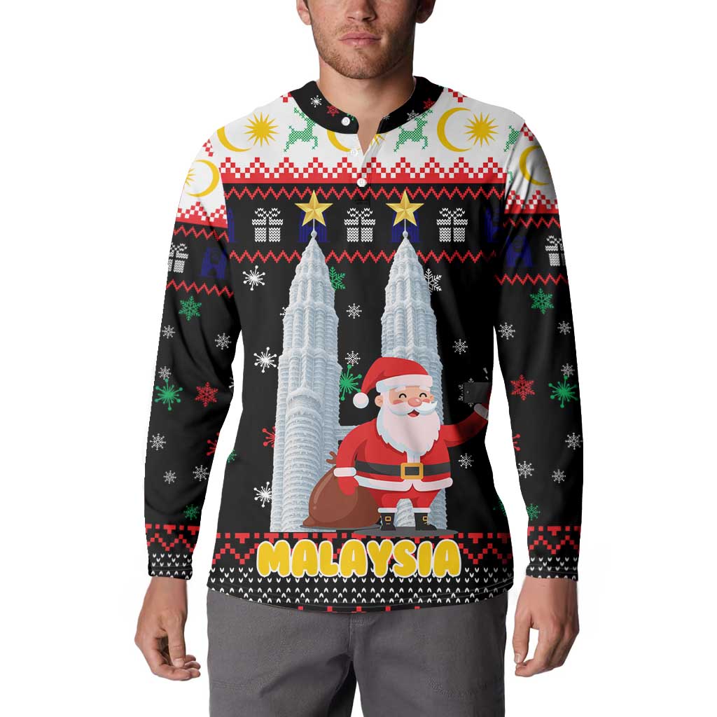 Malaysia Christmas Button Sweatshirt with Santa Claus Petronas Towers Snowflakes and Festive Icons - Wonder Print Shop