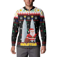 Malaysia Christmas Button Sweatshirt with Santa Claus Petronas Towers Snowflakes and Festive Icons - Wonder Print Shop