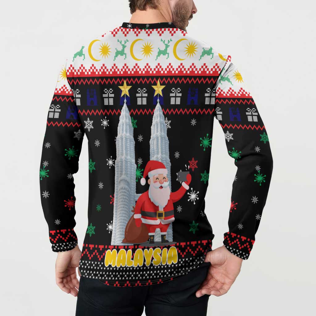 Malaysia Christmas Button Sweatshirt with Santa Claus Petronas Towers Snowflakes and Festive Icons - Wonder Print Shop