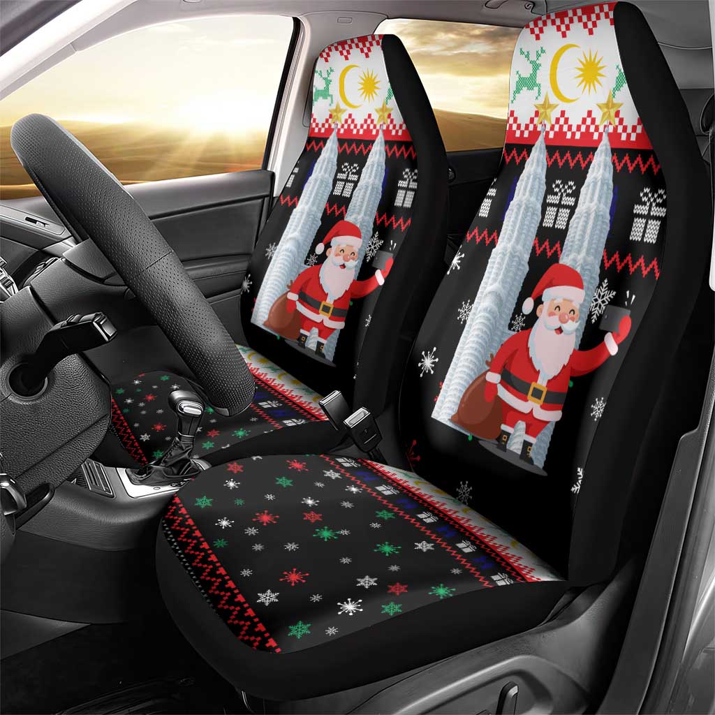Malaysia Christmas Car Seat Cover with Santa Claus Petronas Towers Snowflakes and Festive Icons - Wonder Print Shop