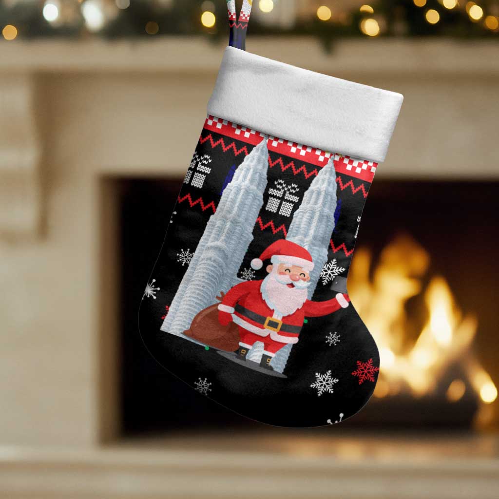 Malaysia Christmas Stocking with Santa Claus Petronas Towers Snowflakes and Festive Icons - Wonder Print Shop