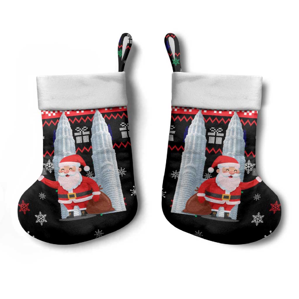 Malaysia Christmas Stocking with Santa Claus Petronas Towers Snowflakes and Festive Icons - Wonder Print Shop