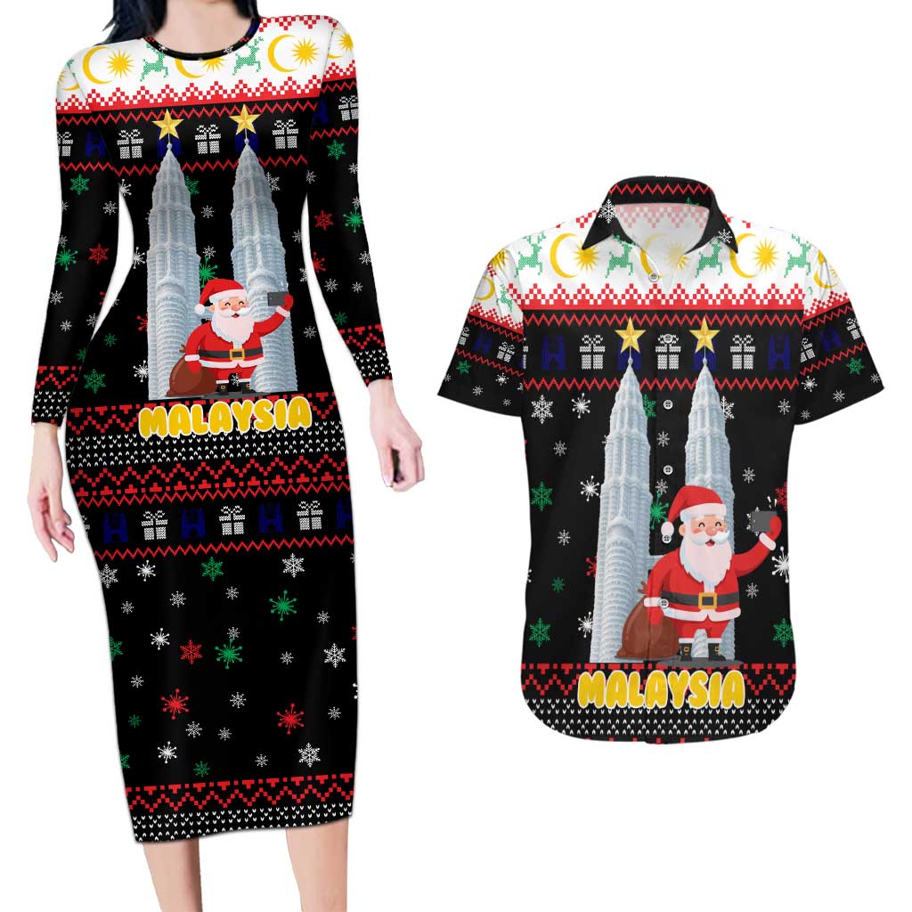Malaysia Christmas Couples Matching Long Sleeve Bodycon Dress and Hawaiian Shirt with Santa Claus Petronas Towers Snowflakes and Festive Icons - Wonder Print Shop