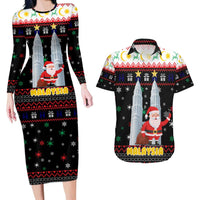 Malaysia Christmas Couples Matching Long Sleeve Bodycon Dress and Hawaiian Shirt with Santa Claus Petronas Towers Snowflakes and Festive Icons - Wonder Print Shop