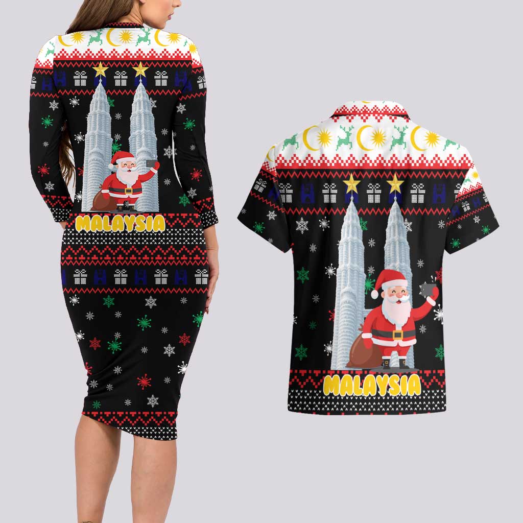 Malaysia Christmas Couples Matching Long Sleeve Bodycon Dress and Hawaiian Shirt with Santa Claus Petronas Towers Snowflakes and Festive Icons - Wonder Print Shop