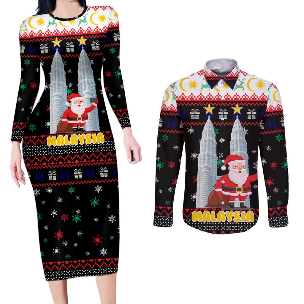 Malaysia Christmas Couples Matching Long Sleeve Bodycon Dress and Long Sleeve Button Shirt with Santa Claus Petronas Towers Snowflakes and Festive Icons - Wonder Print Shop