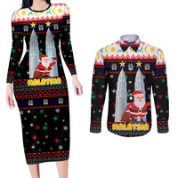 Malaysia Christmas Couples Matching Long Sleeve Bodycon Dress and Long Sleeve Button Shirt with Santa Claus Petronas Towers Snowflakes and Festive Icons - Wonder Print Shop