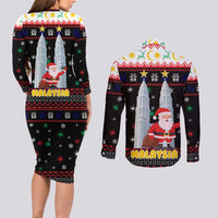Malaysia Christmas Couples Matching Long Sleeve Bodycon Dress and Long Sleeve Button Shirt with Santa Claus Petronas Towers Snowflakes and Festive Icons - Wonder Print Shop
