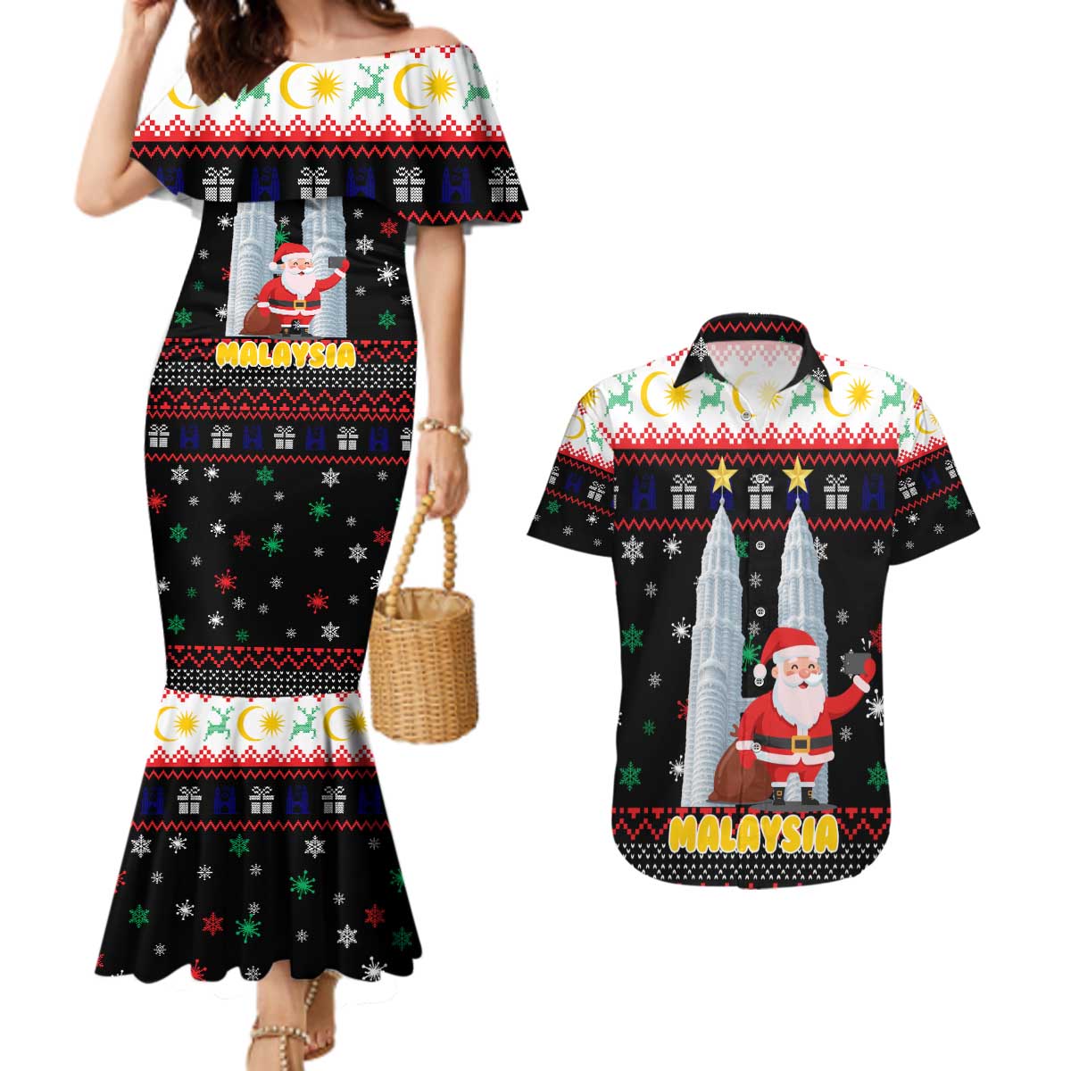 Malaysia Christmas Couples Matching Mermaid Dress and Hawaiian Shirt with Santa Claus Petronas Towers Snowflakes and Festive Icons - Wonder Print Shop