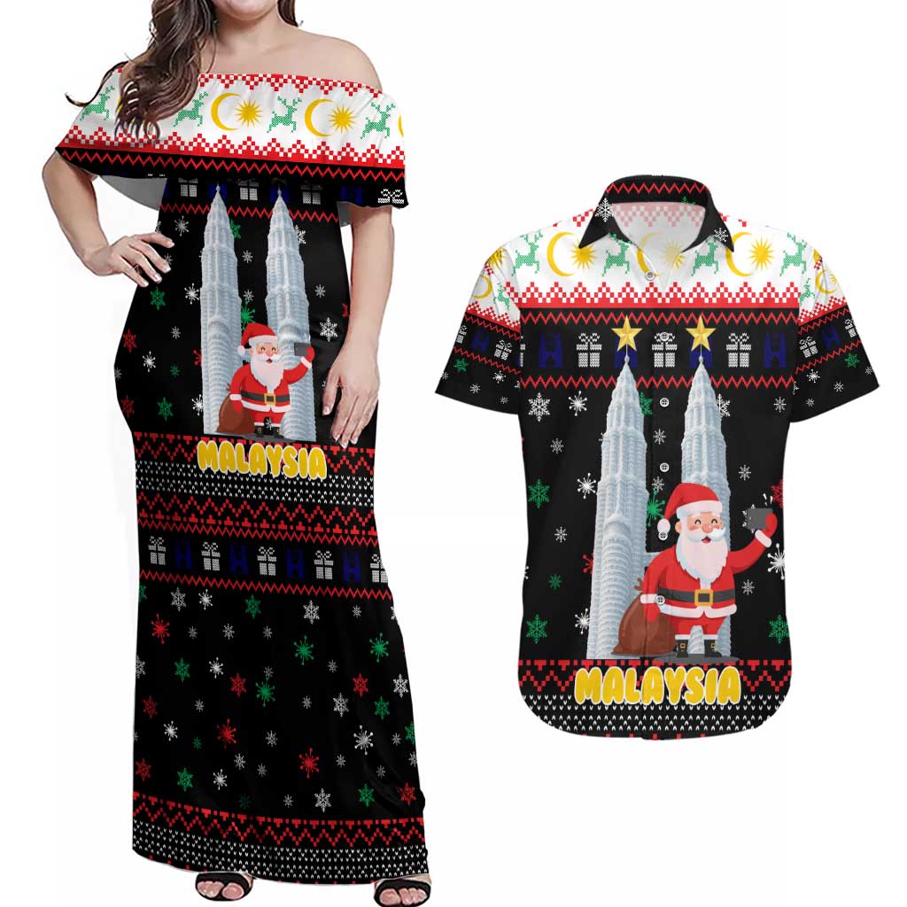 Malaysia Christmas Couples Matching Off Shoulder Maxi Dress and Hawaiian Shirt with Santa Claus Petronas Towers Snowflakes and Festive Icons - Wonder Print Shop