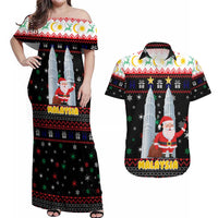 Malaysia Christmas Couples Matching Off Shoulder Maxi Dress and Hawaiian Shirt with Santa Claus Petronas Towers Snowflakes and Festive Icons - Wonder Print Shop