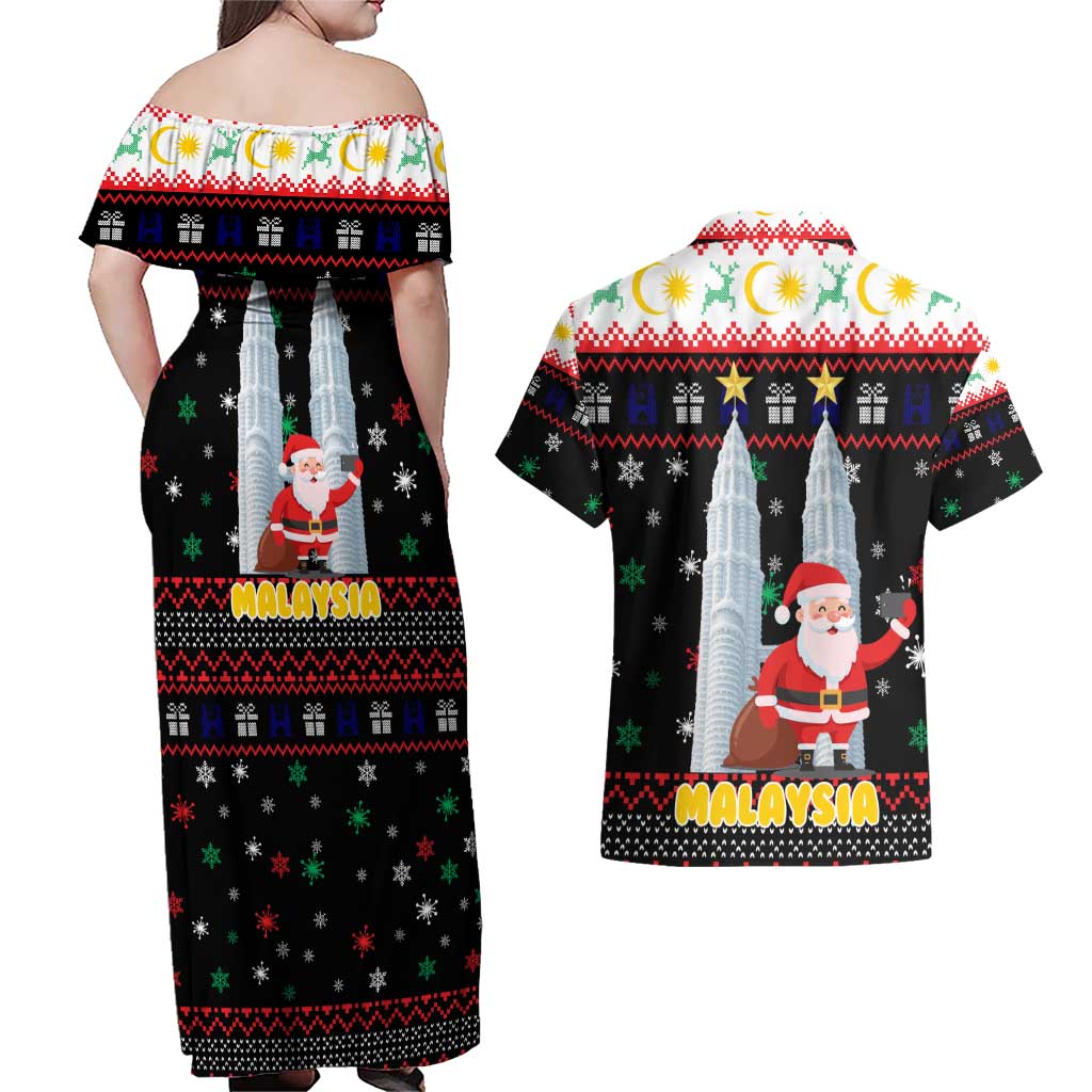 Malaysia Christmas Couples Matching Off Shoulder Maxi Dress and Hawaiian Shirt with Santa Claus Petronas Towers Snowflakes and Festive Icons - Wonder Print Shop
