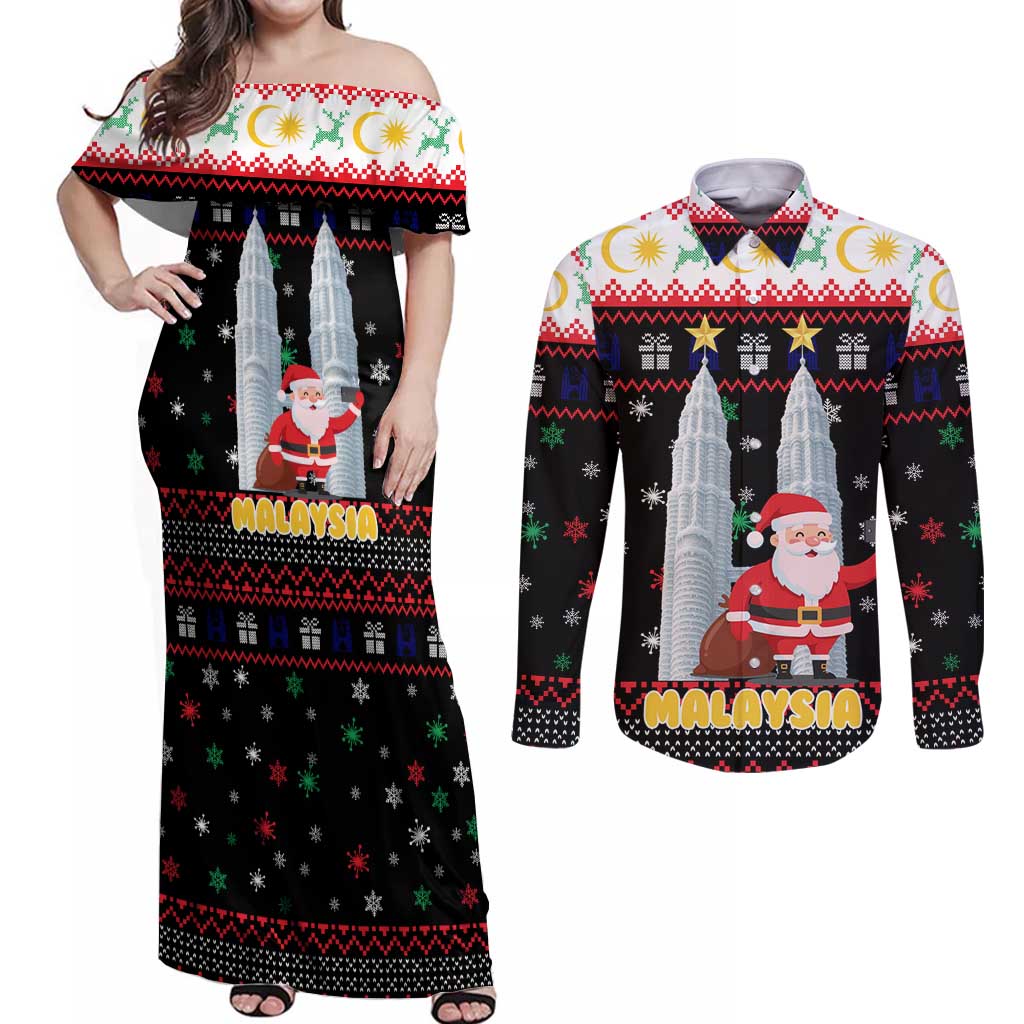 Malaysia Christmas Couples Matching Off Shoulder Maxi Dress and Long Sleeve Button Shirt with Santa Claus Petronas Towers Snowflakes and Festive Icons - Wonder Print Shop
