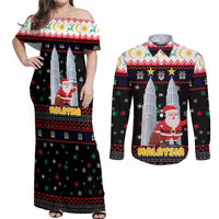 Malaysia Christmas Couples Matching Off Shoulder Maxi Dress and Long Sleeve Button Shirt with Santa Claus Petronas Towers Snowflakes and Festive Icons - Wonder Print Shop
