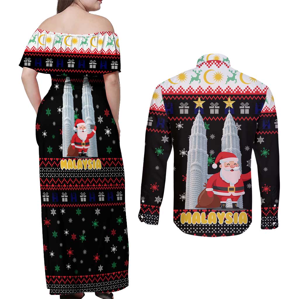 Malaysia Christmas Couples Matching Off Shoulder Maxi Dress and Long Sleeve Button Shirt with Santa Claus Petronas Towers Snowflakes and Festive Icons - Wonder Print Shop