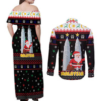 Malaysia Christmas Couples Matching Off Shoulder Maxi Dress and Long Sleeve Button Shirt with Santa Claus Petronas Towers Snowflakes and Festive Icons - Wonder Print Shop