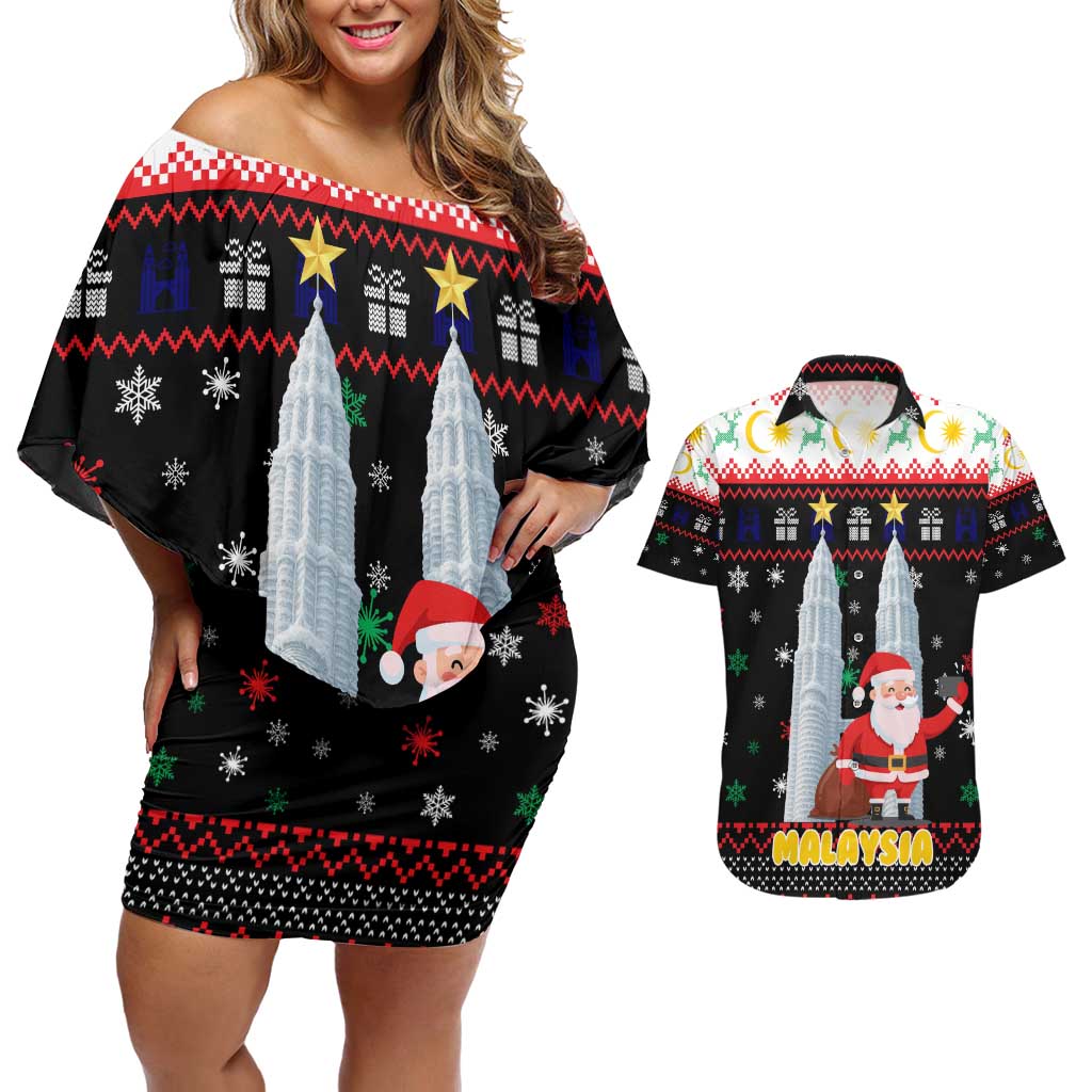 Malaysia Christmas Couples Matching Off Shoulder Short Dress and Hawaiian Shirt with Santa Claus Petronas Towers Snowflakes and Festive Icons - Wonder Print Shop