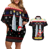 Malaysia Christmas Couples Matching Off Shoulder Short Dress and Hawaiian Shirt with Santa Claus Petronas Towers Snowflakes and Festive Icons - Wonder Print Shop