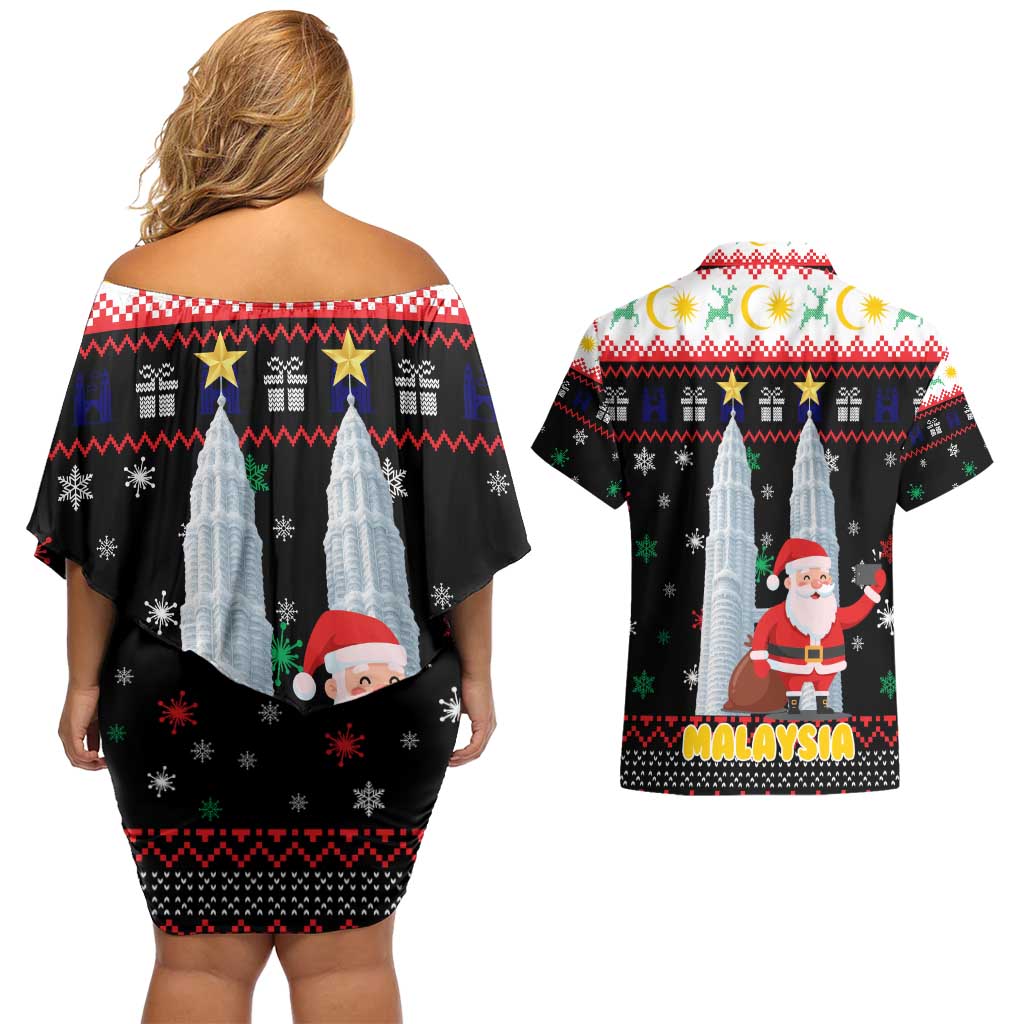 Malaysia Christmas Couples Matching Off Shoulder Short Dress and Hawaiian Shirt with Santa Claus Petronas Towers Snowflakes and Festive Icons - Wonder Print Shop