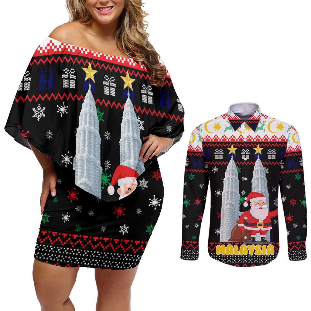 Malaysia Christmas Couples Matching Off Shoulder Short Dress and Long Sleeve Button Shirt with Santa Claus Petronas Towers Snowflakes and Festive Icons - Wonder Print Shop