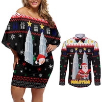 Malaysia Christmas Couples Matching Off Shoulder Short Dress and Long Sleeve Button Shirt with Santa Claus Petronas Towers Snowflakes and Festive Icons - Wonder Print Shop