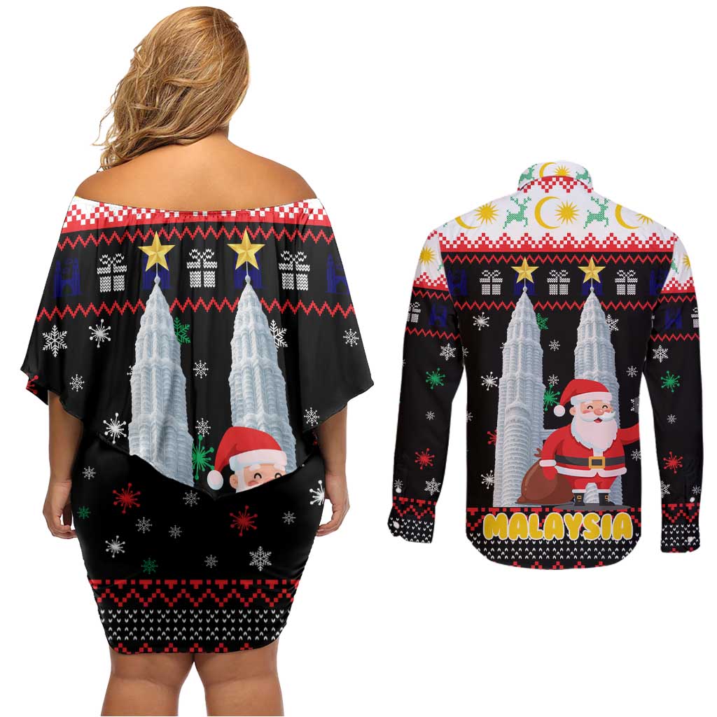 Malaysia Christmas Couples Matching Off Shoulder Short Dress and Long Sleeve Button Shirt with Santa Claus Petronas Towers Snowflakes and Festive Icons - Wonder Print Shop