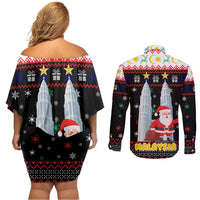 Malaysia Christmas Couples Matching Off Shoulder Short Dress and Long Sleeve Button Shirt with Santa Claus Petronas Towers Snowflakes and Festive Icons - Wonder Print Shop