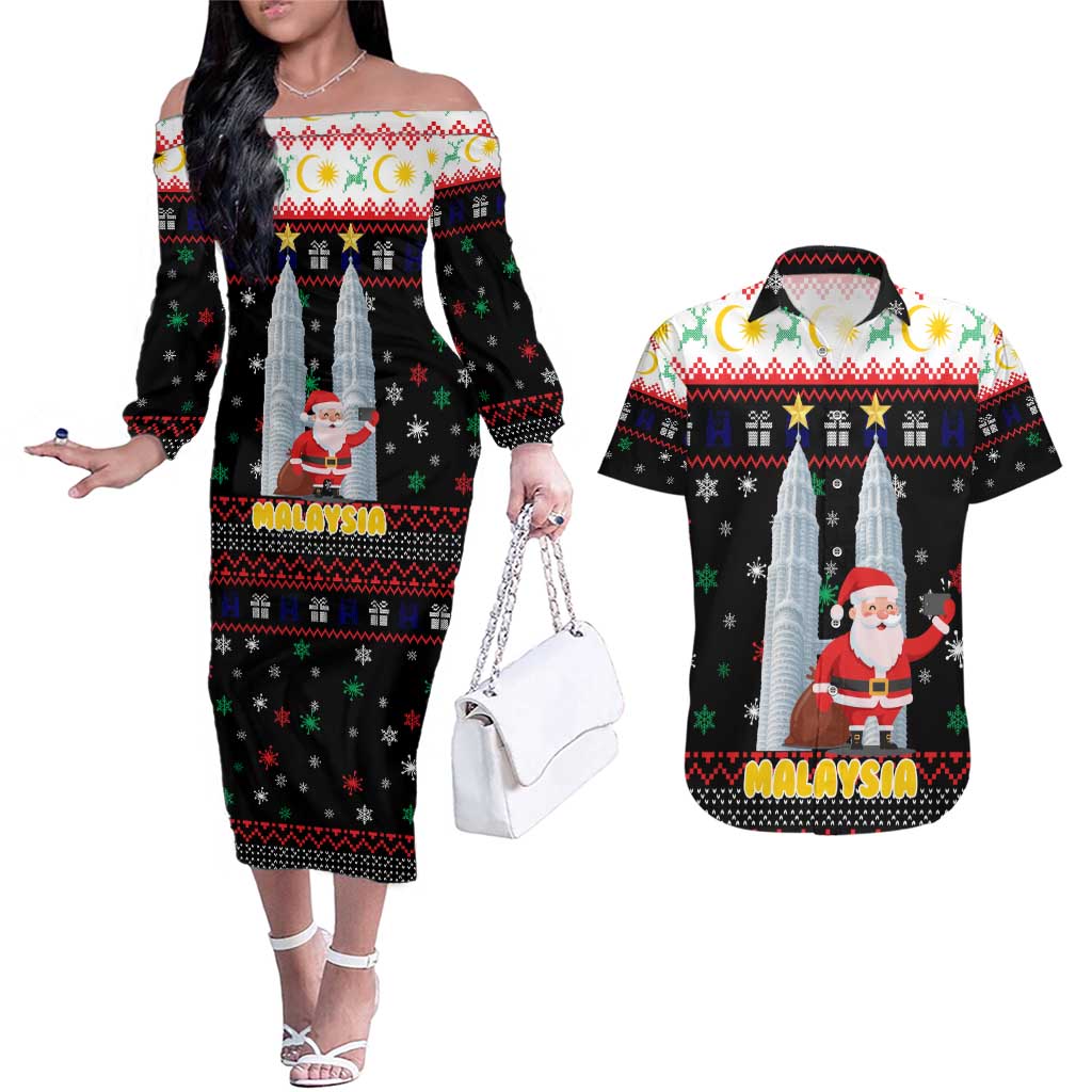 Malaysia Christmas Couples Matching Off The Shoulder Long Sleeve Dress and Hawaiian Shirt with Santa Claus Petronas Towers Snowflakes and Festive Icons - Wonder Print Shop