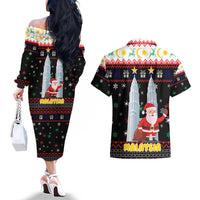 Malaysia Christmas Couples Matching Off The Shoulder Long Sleeve Dress and Hawaiian Shirt with Santa Claus Petronas Towers Snowflakes and Festive Icons - Wonder Print Shop